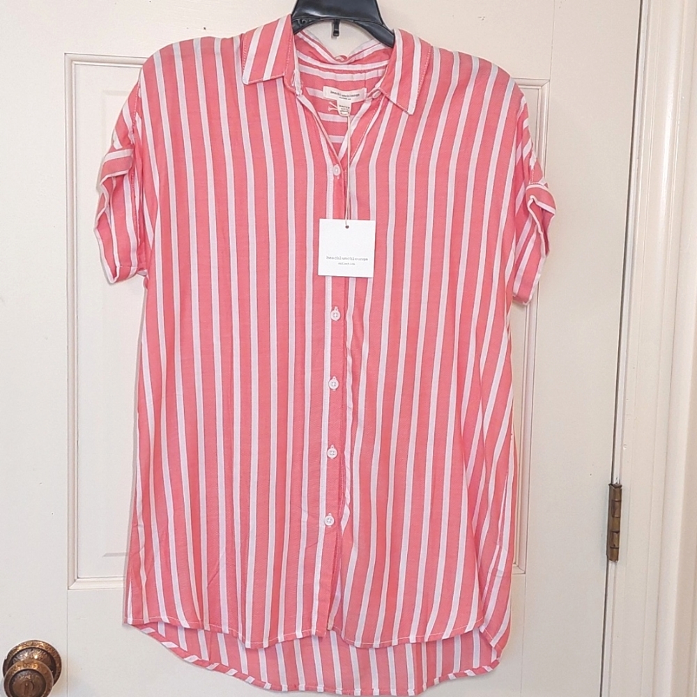 NWT beachlunchlounge Pink and White Striped Oversized Top, size XS